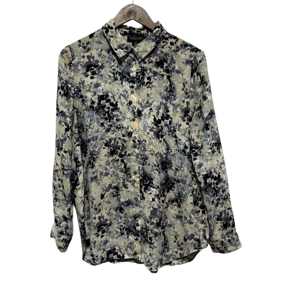 Rachel Zoe Blouse Womens L Gray Abstract Watercolor Artsy Lightweight Button